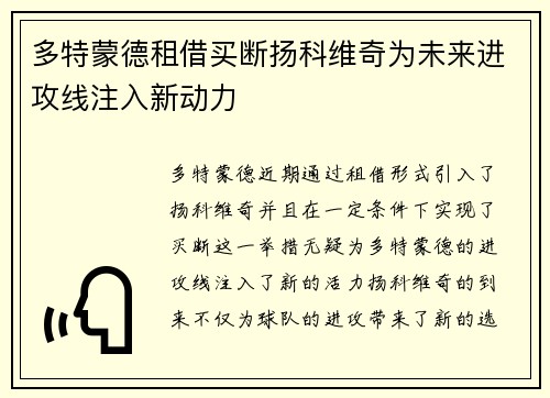 多特蒙德租借买断扬科维奇为未来进攻线注入新动力