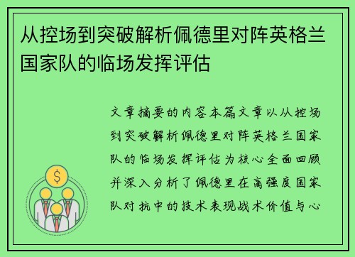 从控场到突破解析佩德里对阵英格兰国家队的临场发挥评估 从控场到突破解析佩德里对阵英格兰国家队的临场发挥评估